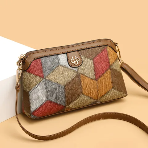 Bohemian Geometric Splicing Women Crossbody Bag Litchi Texture PU Leather Small Square Shoulder Bag Gold Clover Buckle Zipper Closure Daily Fashion Cell Phone Pouch