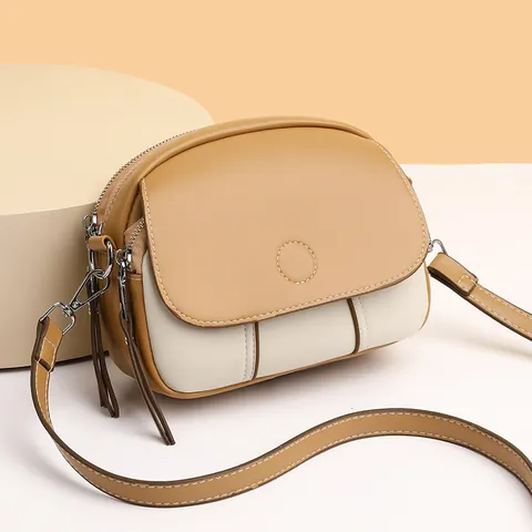 Vintage PU Leather Color Block Crossbody Bag For Women Chic Mini Round Shoulder Bag With Tassel Decor Fashion Daily Satchel Bag