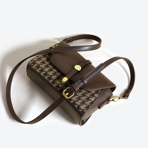 Vintage Houndstooth Patchwork PU Leather Crossbody Bag For Women Gold Hardware Flap Small Square Shoulder Bag Daily Handbag