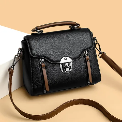 Women Retro PU Leather Crossbody Bag Vintage Lychee Texture Handbag With Contrast Brown Handle Fashion Small Square Shoulder Bag