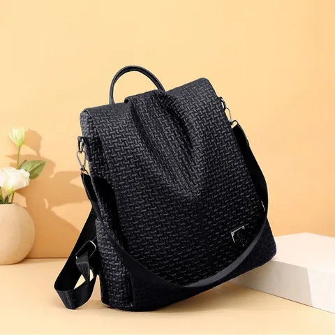 Sac à Dos pour Femmes en Cuir PU Antivol Texture Tissée Gaufrée Grande Capacité Mode Décontracté Sac de Voyage Poche Arrière