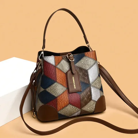 Bolso de Cubo Colorblock Vintage para Mujer Patrón de Lichi Cuero de PU Bolso de Mano con Correa Ajustable para Uso Diario