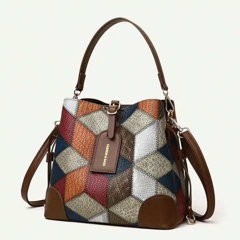 Bolso de Cubo Colorblock Vintage para Mujer Patrón de Lichi Cuero de PU Bolso de Mano con Correa Ajustable para Uso Diario
