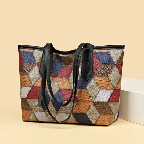 Damen Mode Patchwork Einkaufstasche Große Kapazität PU Leder Umhängetasche Geometrisch Multi Textur Retro Chic Reise Handtasche