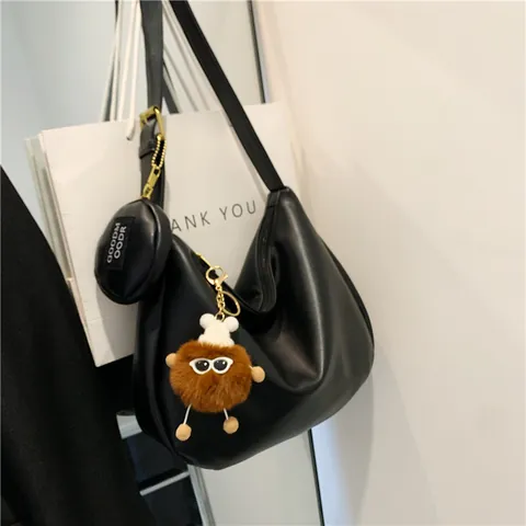 Women's Large Capacity PU Leather Hobo Bag Minimalist Solid Black Dumpling Shoulder Bag With Mini Coin Purse Plush Pendant