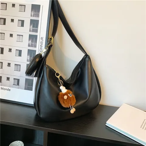Women's Large Capacity PU Leather Hobo Bag Minimalist Solid Black Dumpling Shoulder Bag With Mini Coin Purse Plush Pendant