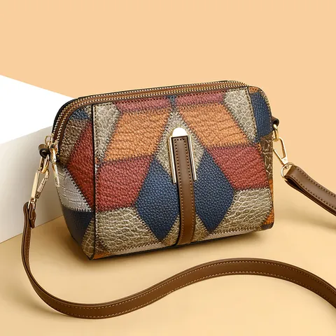 Borsa a Tracolla Donna Retro Geometric Patchwork Pelle PU Cuciture Borsa per Cellulare Accessori Dorati Tracolla Regolabile
