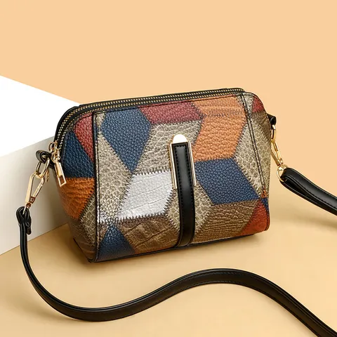 Borsa a Tracolla Donna Retro Geometric Patchwork Pelle PU Cuciture Borsa per Cellulare Accessori Dorati Tracolla Regolabile
