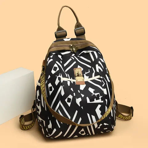 Women Fashion Nylon Backpack Large Capacity Casual Travel Bag With Geometric Floral Print Multi Pocket Korean Style School Bag