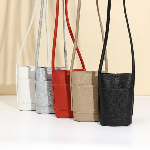 Fashion Litchi Grain PU Leather Mini Mobile Phone Bag Simple Vertical Bucket Crossbody Bag Small Women Shoulder Bag