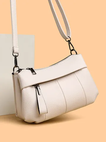 Damen Umhängetasche Aus PU-Leder Mit Litschimuster Minimalistische Plissierte Schultertasche Mit Verstellbarem Gurt
