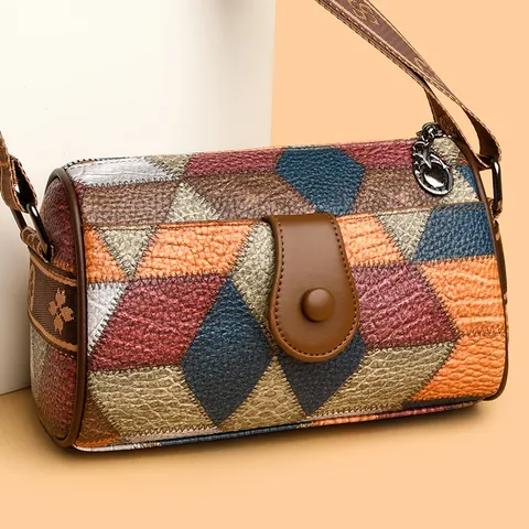 Vintage Damen Geometrisches Patchwork Zylindrische Umhängetasche Lychee-Textur PU-Leder Crossbody Tasche Mit Breitem Blumengurt