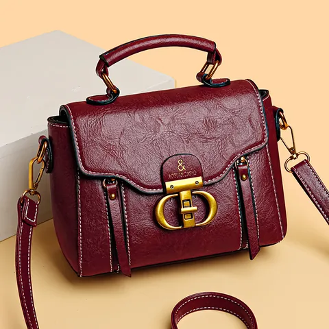 Bolso de Mano de Mujer de Cuero PU Vintage Costuras en Contraste Bolso Bandolera Hebilla Retro Cuadrado Asa Commute