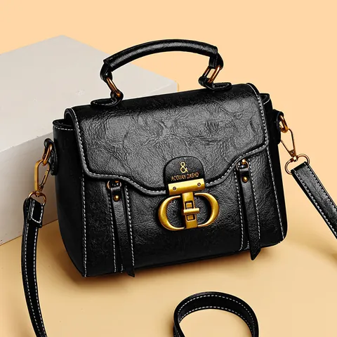Vintage Women PU Leather Handbag Contrast Stitching Crossbody Bag Retro Buckle Square Top Handle Commute Messenger Bag