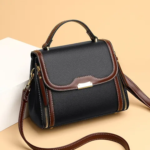 Damen Vintage Litschikorn PU-Leder Umhängetasche Mit Kontrastnähten Goldener Hardware Henkel Schultertasche