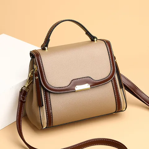 Damen Vintage Litschikorn PU-Leder Umhängetasche Mit Kontrastnähten Goldener Hardware Henkel Schultertasche