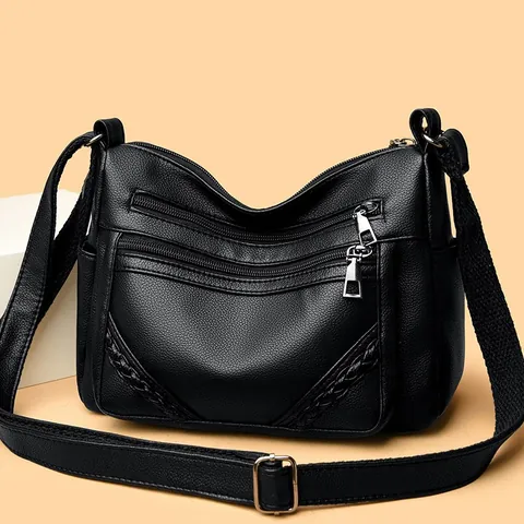 Women Multi-Zipper Lychee Pattern PU Leather Crossbody Bag Large Capacity Lightweight Braided Detail Shoulder Bag