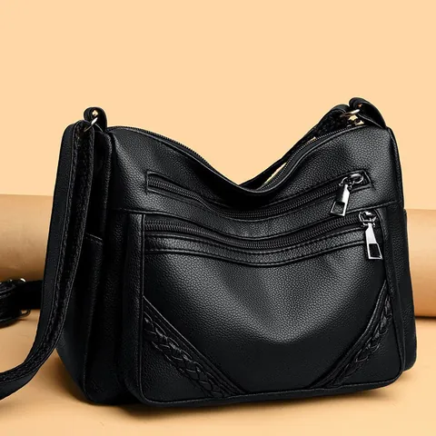 Women Multi-Zipper Lychee Pattern PU Leather Crossbody Bag Large Capacity Lightweight Braided Detail Shoulder Bag