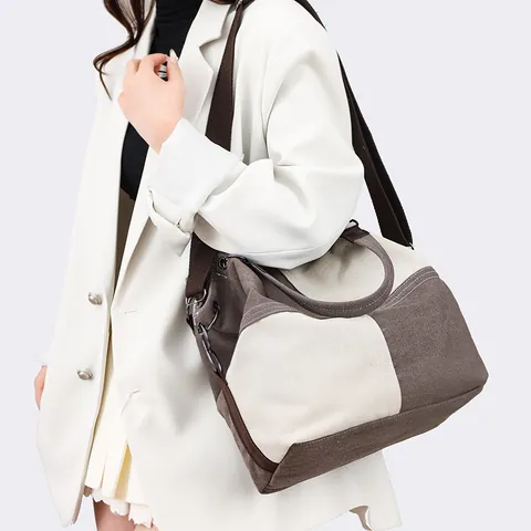 Women Patchwork Canvas Tote Bag Retro Color Block Shoulder Bag Large Capacity Crossbody Bag For Casual Commuter Work