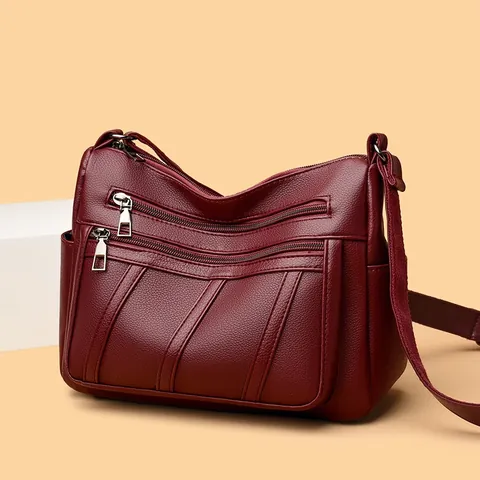 Women Fashion PU Leather Crossbody Bag Large Capacity Multi Zipper Shoulder Bag Casual Tote Handbag For Daily Travel Mother Gift