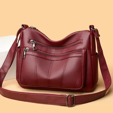 Women Litchi Grain PU Leather Crossbody Bag Multi-Layer Zipper Tote Bag Large Capacity Casual Shoulder Bag For Moms