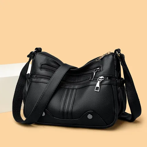 Women Casual Soft PU Leather Crossbody Bag Multi Zipper Pockets Large Capacity Shoulder Bag With Lychee Texture For Lady Travel Daily