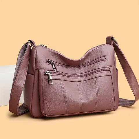 Women Litchi Grain PU Leather Crossbody Bag Multi-Layer Zipper Tote Bag Large Capacity Casual Shoulder Bag For Moms