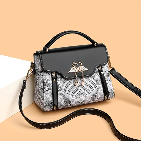 Women Fashion Chinese Style Embroidery Handbag PU Leather With Swan Buckle Pearl Pendant Crossbody Shoulder Bag