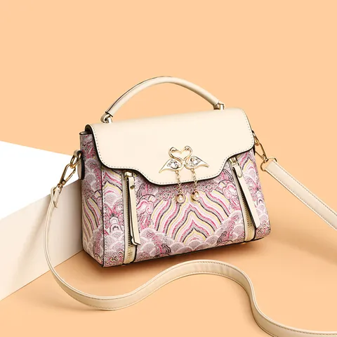 Women Fashion Chinese Style Embroidery Handbag PU Leather With Swan Buckle Pearl Pendant Crossbody Shoulder Bag