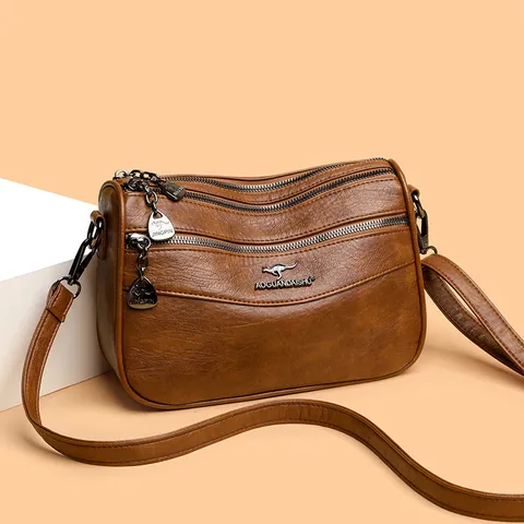 Damen Umhängetasche Mit Mehrlagigem Reißverschluss Weiches PU-Leder Große Kapazität Schultertasche Mit Tiermotiv Einfarbig