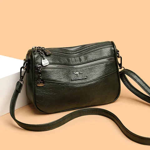 Damen Umhängetasche Mit Mehrlagigem Reißverschluss Weiches PU-Leder Große Kapazität Schultertasche Mit Tiermotiv Einfarbig