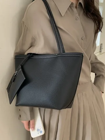 Large Capacity Minimalist PU Leather Tote Bag For Women Retro Lychee Pattern Shoulder Bag With Matching Pouch Commuter Bag