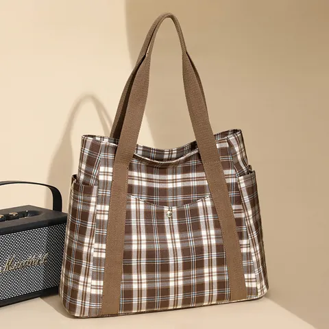 Borsa Tote in Tela a Quadri da Donna Grande Capacità Borsa a Tracolla Gingham per Studenti Universitari Pendolari Scuola Marrone