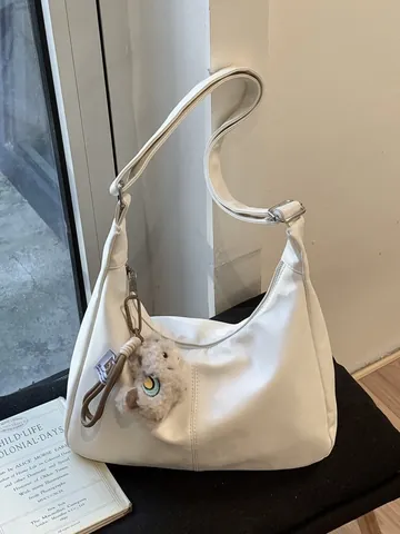 Women Minimalist PU Leather Hobo Bag Solid Color Dumpling Shape Shoulder Crossbody Bag With Cute Plush Doll Pendant Daily Commute Purse
