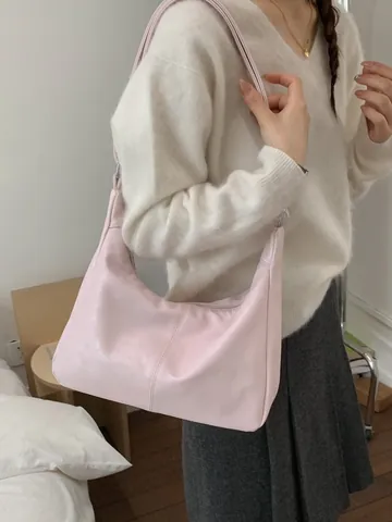 Women Minimalist PU Leather Hobo Bag Solid Color Dumpling Shape Shoulder Crossbody Bag With Cute Plush Doll Pendant Daily Commute Purse