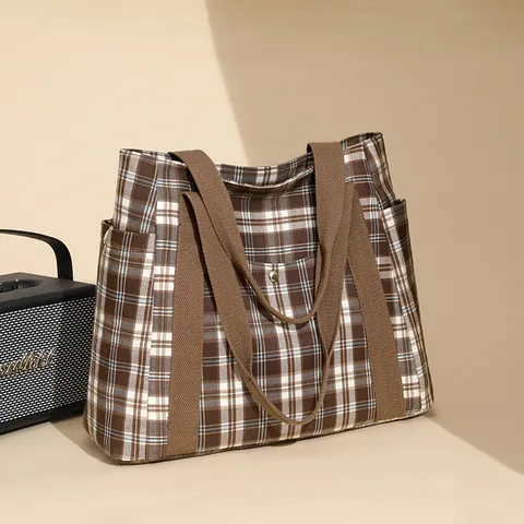 Borsa Tote in Tela a Quadri da Donna Grande Capacità Borsa a Tracolla Gingham per Studenti Universitari Pendolari Scuola Marrone