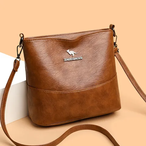 Women's Lychee Texture PU Leather Bucket Bag Shoulder Crossbody Bag Metal Kangaroo Logo Fashion Daily Handbag Purses