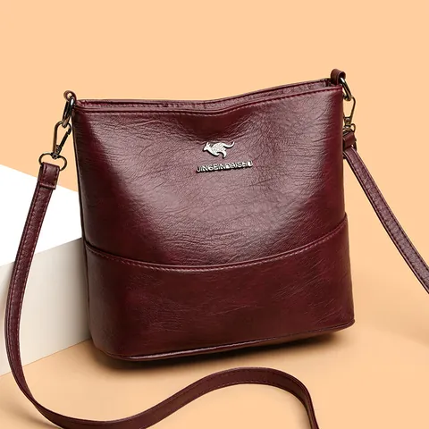 Women's Lychee Texture PU Leather Bucket Bag Shoulder Crossbody Bag Metal Kangaroo Logo Fashion Daily Handbag Purses
