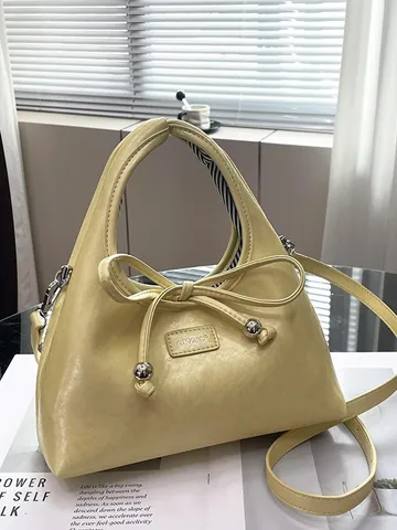 Elegant Women Bow Tie Handbag PU Leather Dumpling Shape Crossbody Bag Solid Color Fashion Shoulder Bag With Metal Beads