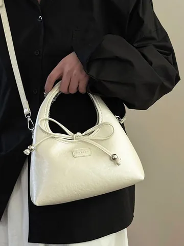 Elegant Women Bow Tie Handbag PU Leather Dumpling Shape Crossbody Bag Solid Color Fashion Shoulder Bag With Metal Beads
