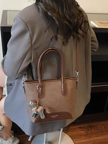 Women Canvas PU Leather Patchwork Handbag Casual Crossbody Tote Bag With Horse Pendant Adjustable Shoulder Strap Daily Fashion Top Handle Bag