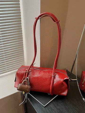 Women's PU Leather Pleated Cylinder Shoulder Bag Vintage Boston Bag With Mini Pendant Simple Fashion Crossbody Bag