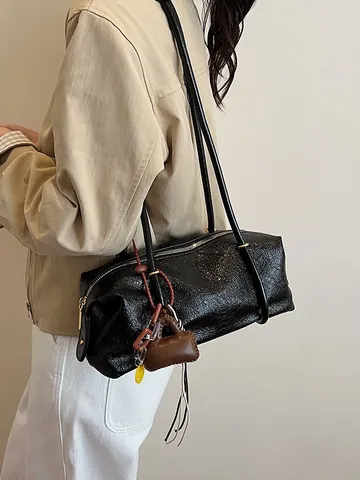 Women's PU Leather Pleated Cylinder Shoulder Bag Vintage Boston Bag With Mini Pendant Simple Fashion Crossbody Bag