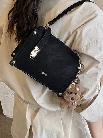 Vintage Frosted PU Leather Small Square Crossbody Bag For Women Retro Metal Lock Chain Shoulder Bag Daily Tote Bag