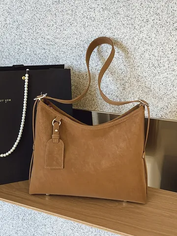 Vintage Synthetic Leather Tote Bag Women Large Capacity Minimalist Hobo Shoulder Bag With Adjustable Strap Daily Commute
