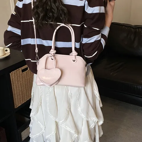 Borsa a Guscio in Pelle PU Moda Donna Con Ciondolo a Cuore Borsa a Tracolla Minimalista Versatile Borsa a Mano con Manico a Nodo
