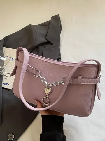 Borsa Baguette da Donna in Pelle PU Vintage Trama Litchi Borsa a Spalla Sottobraccio Con Ciondolo a Cuore Catena d'Argento Moda