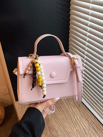 Women Vintage PU Leather Small Square Bag With Colorful Beaded Charm Retro Flap Crossbody Shoulder Bag Top Handle Handbag Daily Purse