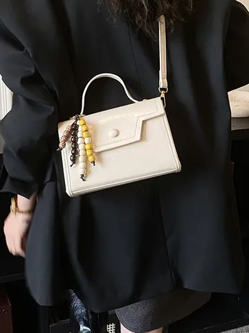 Women Vintage PU Leather Small Square Bag With Colorful Beaded Charm Retro Flap Crossbody Shoulder Bag Top Handle Handbag Daily Purse