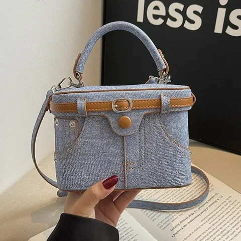 Borsa a Scatola Vintage Texture Denim Pelle PU Piccola Borsa a Mano per Donna Decoro Fibbia Borchie Borsa a Tracolla Casual Quotidiana